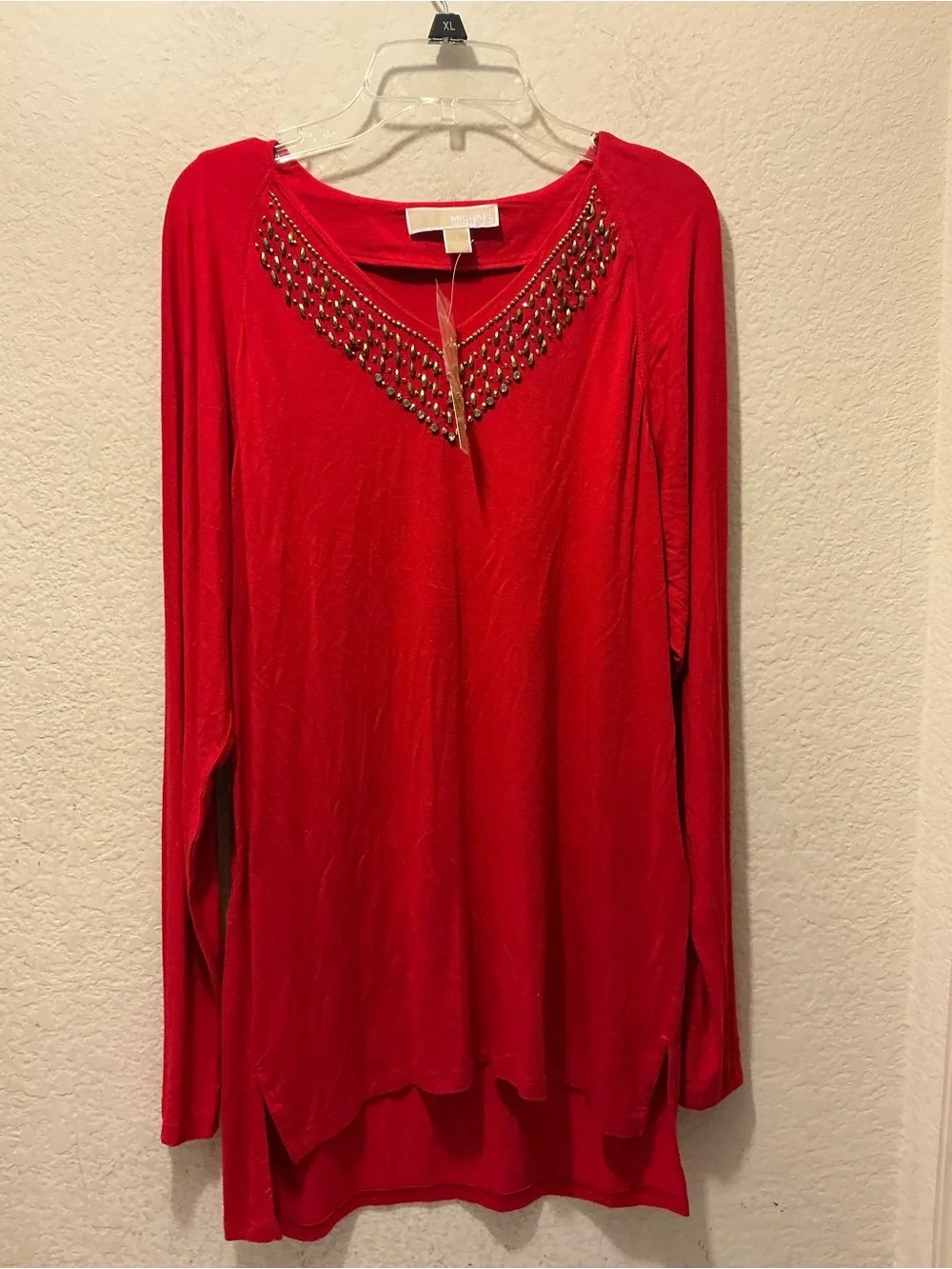 NWT Michael Kors Red Long-Sleeve V-Neck Top with Beaded Trim